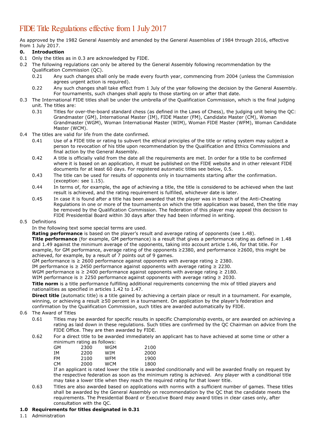 FIDE Title Regulations Effective from 1 July 2017