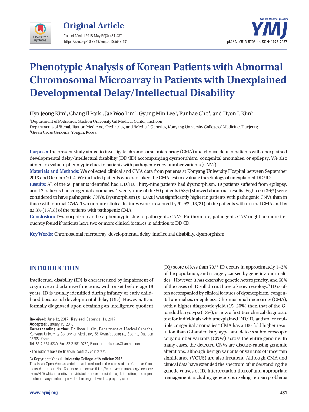 Phenotypic Analysis of Korean Patients with Abnormal Chromosomal Microarray in Patients with Unexplained Developmental Delay/Intellectual Disability