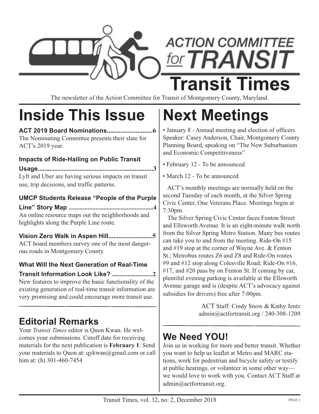 Transit Times the Newsletter of the Action Committee for Transit of Montgomery County, Maryland