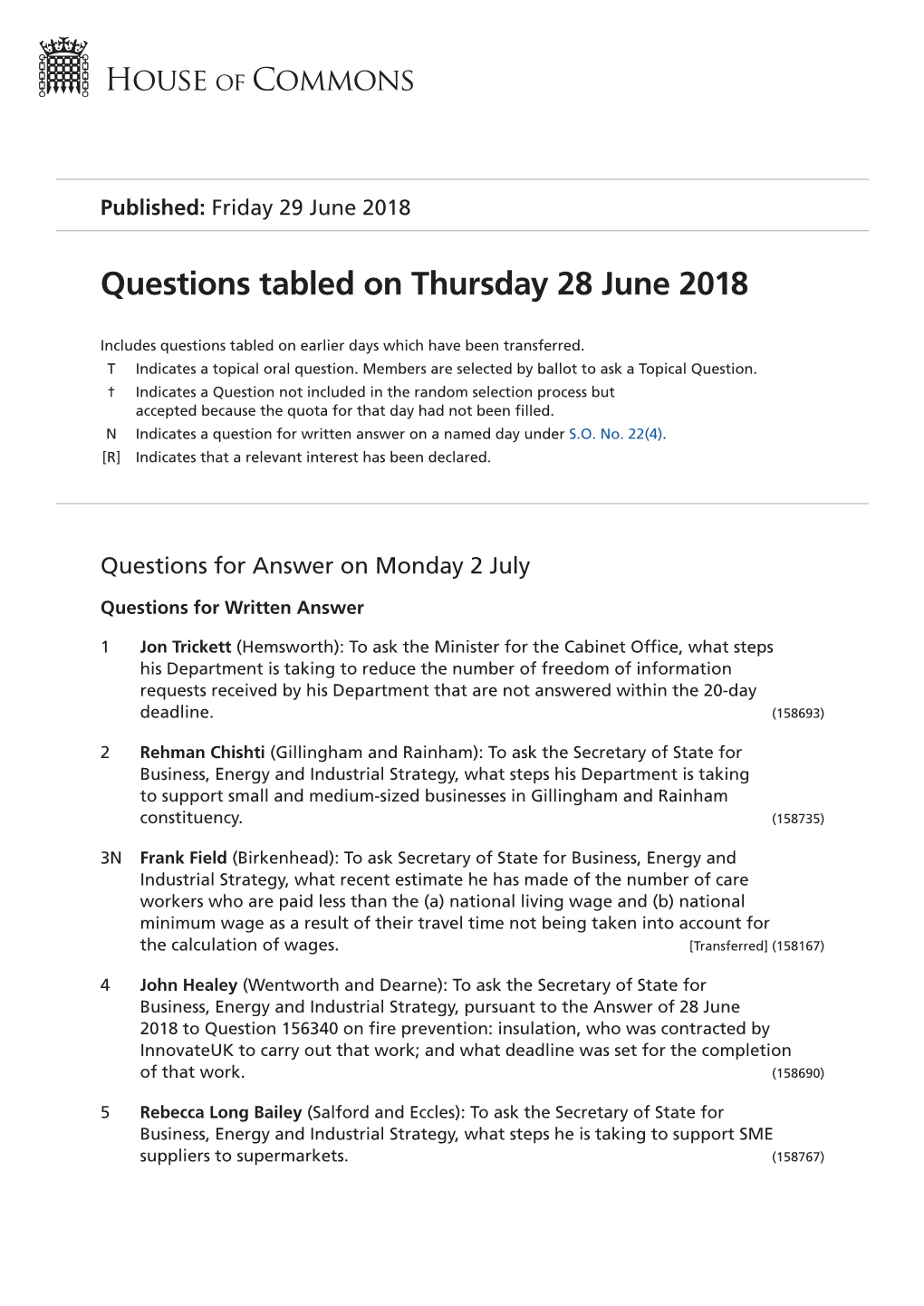 Questions Tabled on Thu 28 Jun 2018