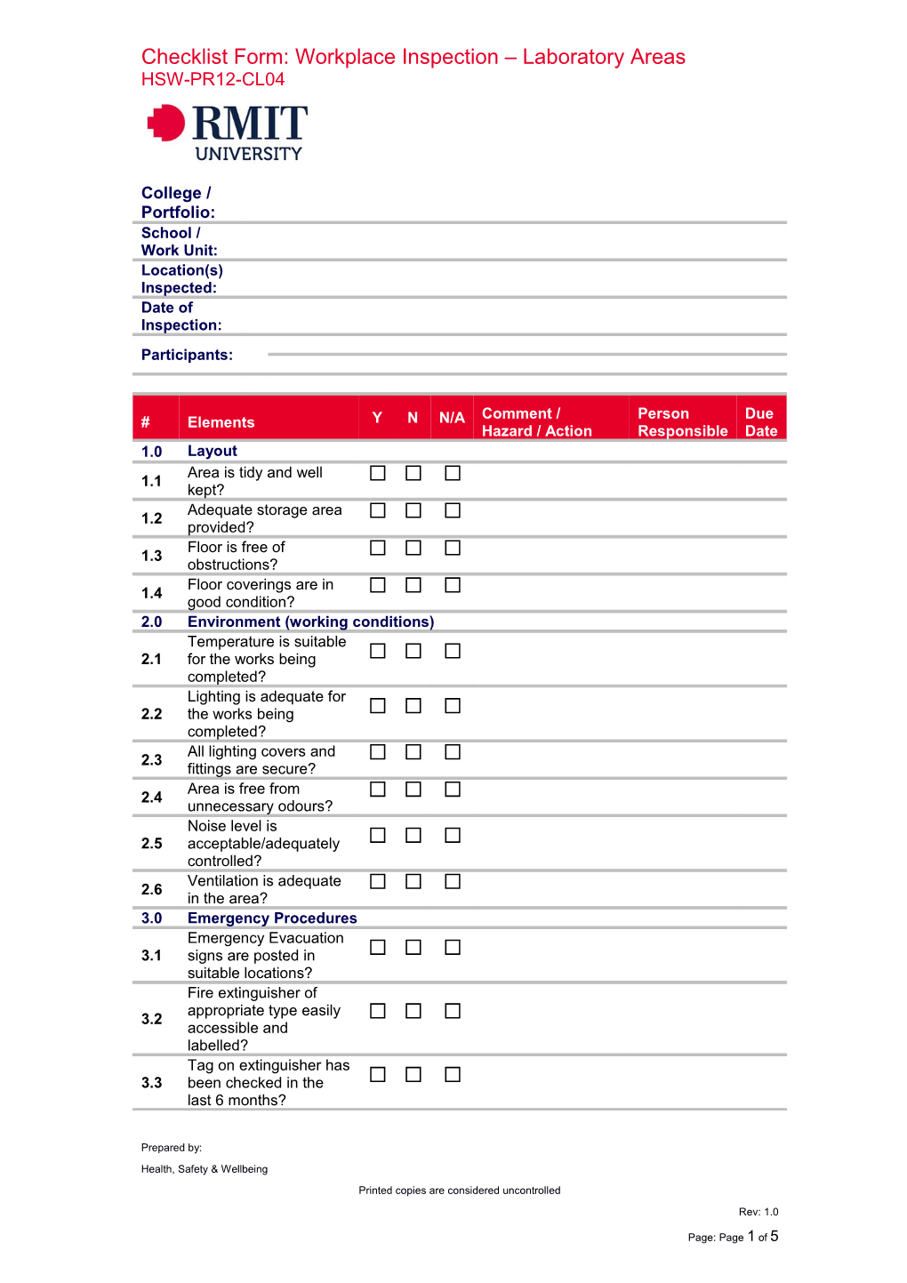 HSW-PR12-CL04 - Workplace Inspection - Laboratory Areas Checklist - DRAFT