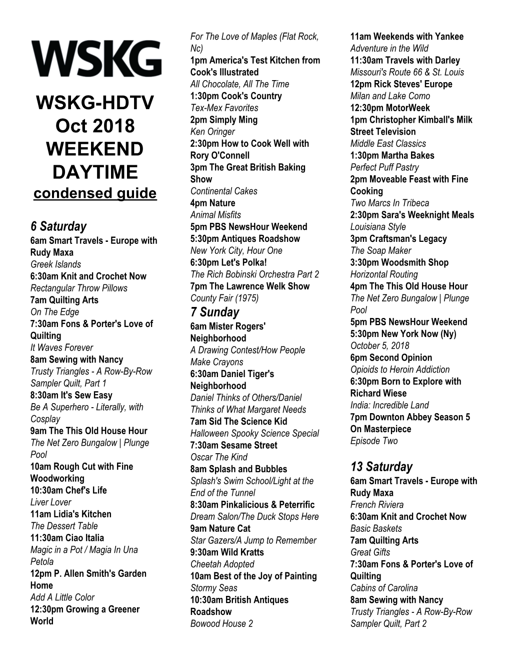 Wskg Hdtv Weekend Daytime Condensed Guide