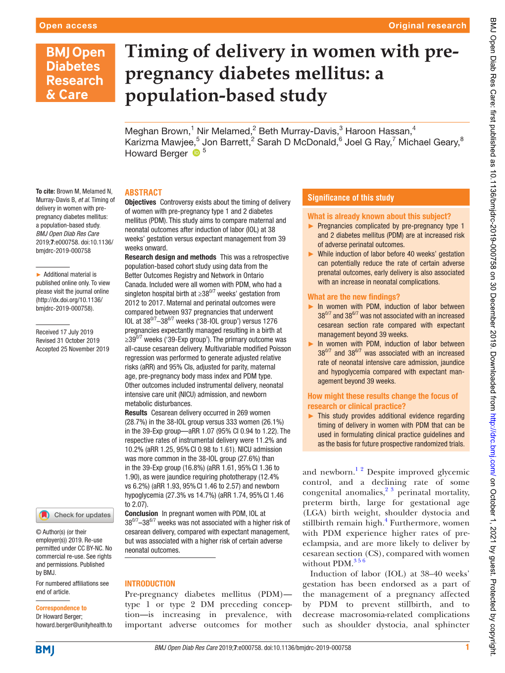 Timing of Delivery in Women with Pre-Pregnancy Diabetes Mellitus: A