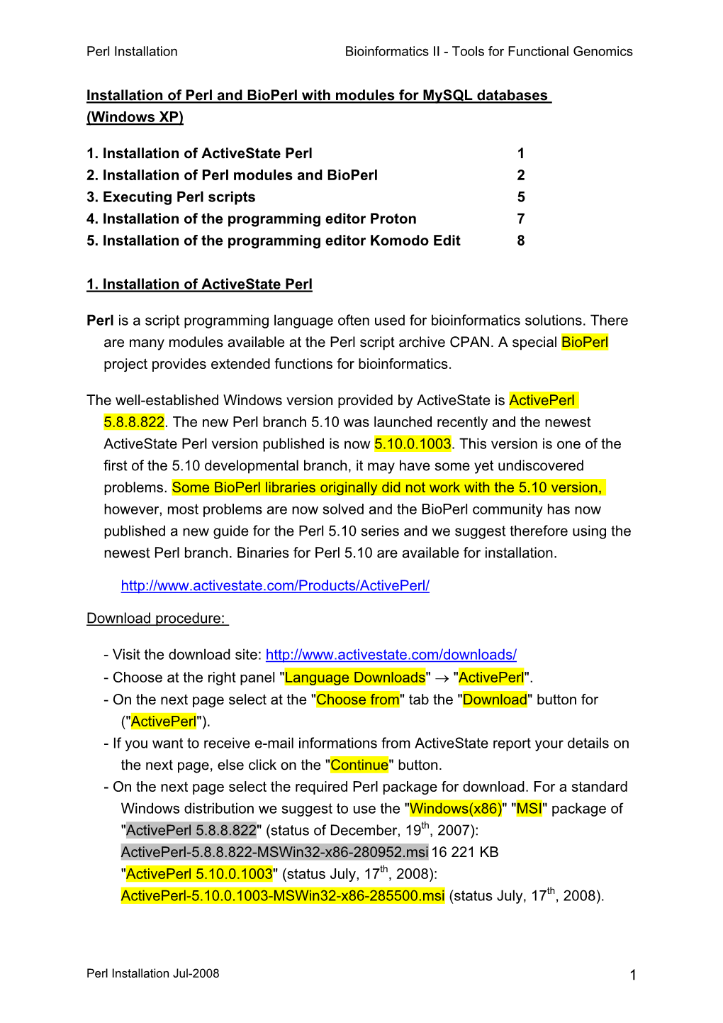 1 Installation of Perl and Bioperl with Modules for Mysql Databases