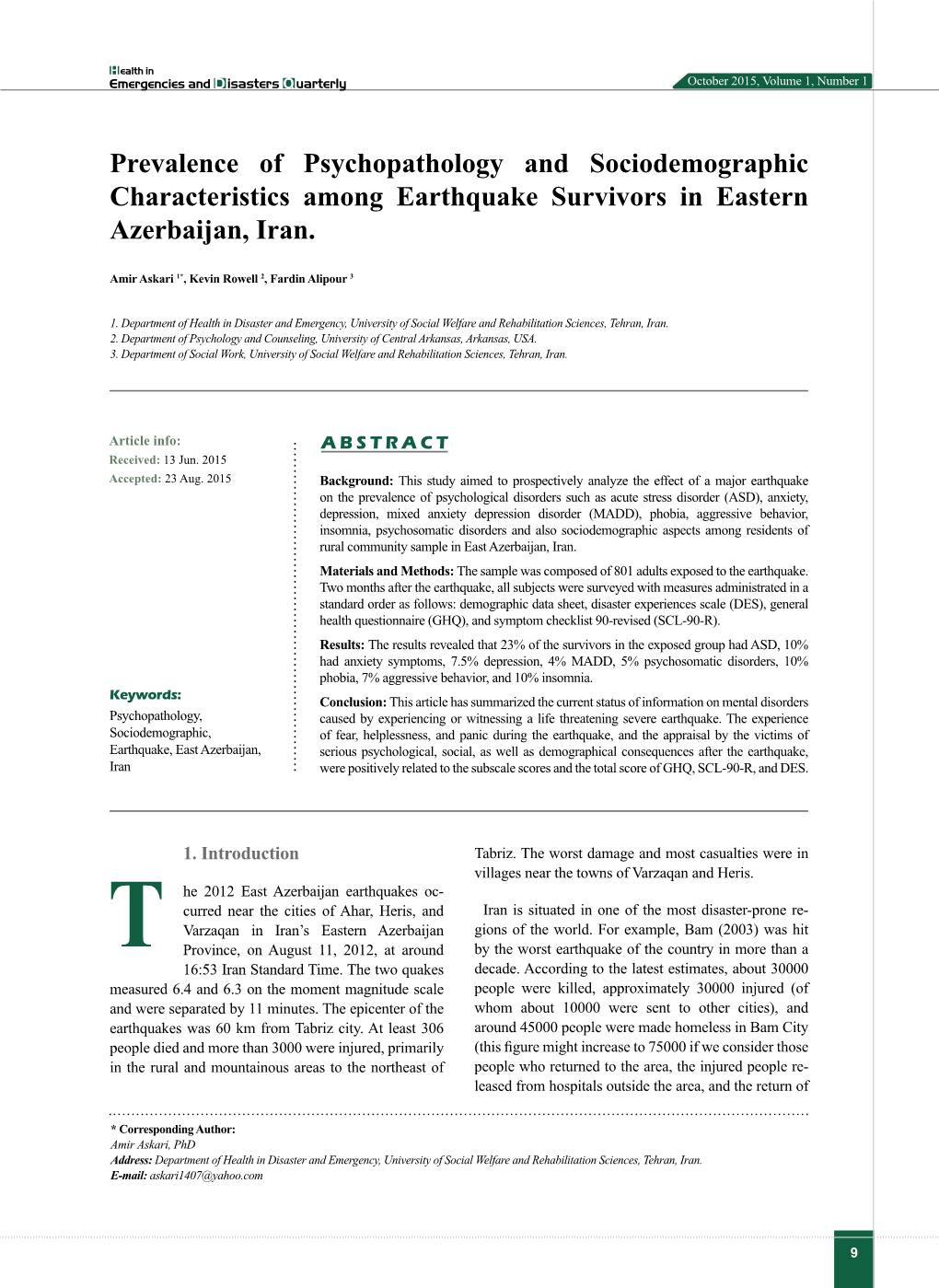 Prevalence of Psychopathology and Sociodemographic Characteristics Among Earthquake Survivors in Eastern Azerbaijan, Iran