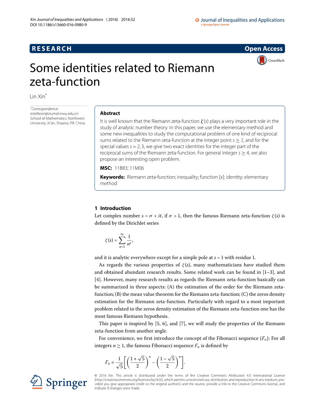 Some Identities Related to Riemann Zeta-Function Lin Xin*