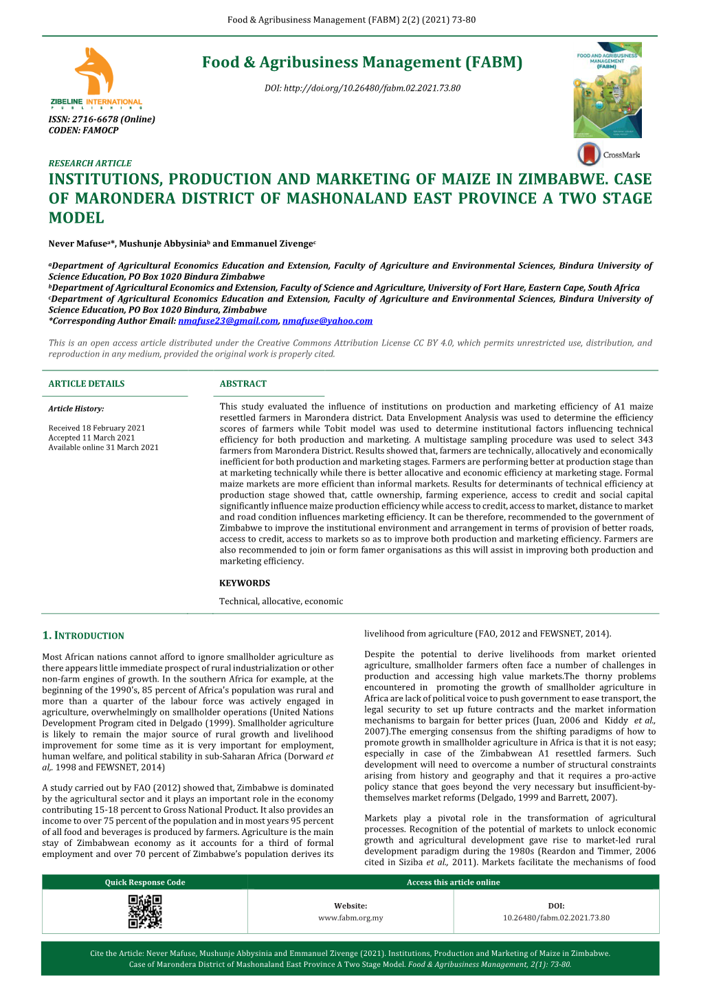 Institutions, Production and Marketing of Maize in Zimbabwe