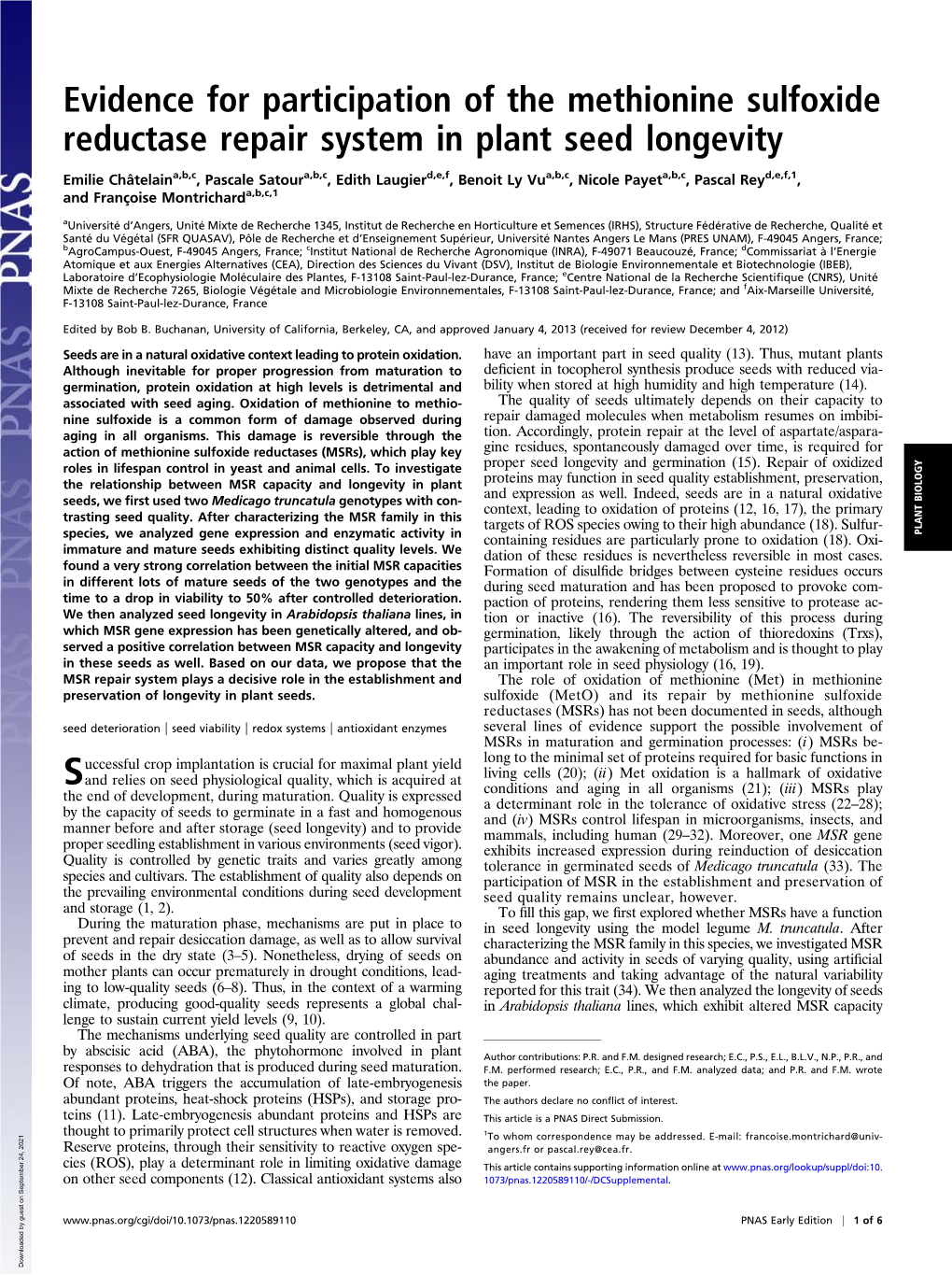 Evidence for Participation of the Methionine Sulfoxide Reductase Repair System in Plant Seed Longevity