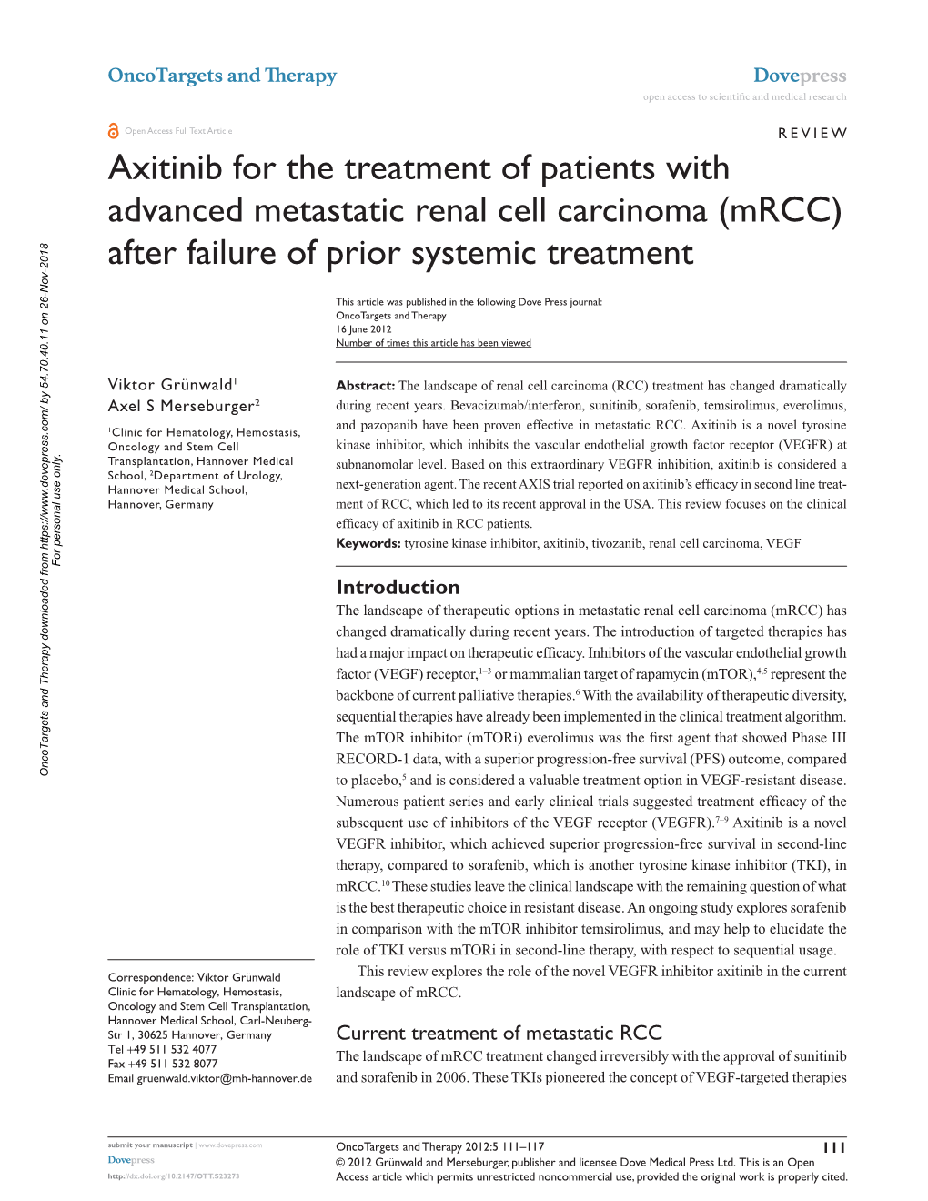 Axitinib for the Treatment of Patients with Advanced Metastatic Renal Cell Carcinoma (Mrcc) After Failure of Prior Systemic Treatment