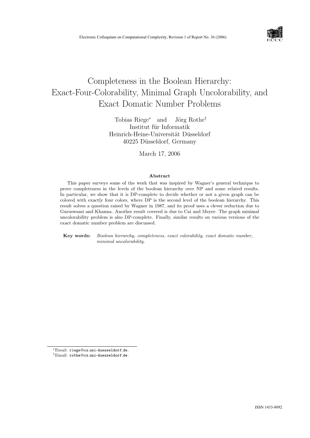 Completeness in the Boolean Hierarchy: Exact-Four-Colorability, Minimal Graph Uncolorability, and Exact Domatic Number Problems