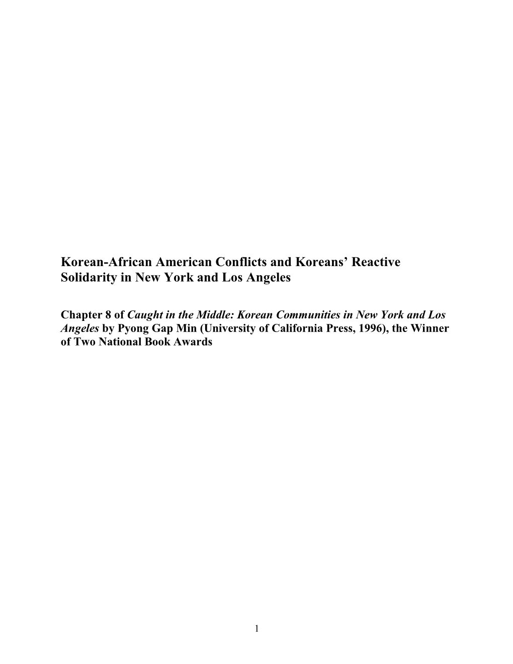 Korean-African American Conflicts and Koreans' Reactive Solidarity in New York and Los Angeles