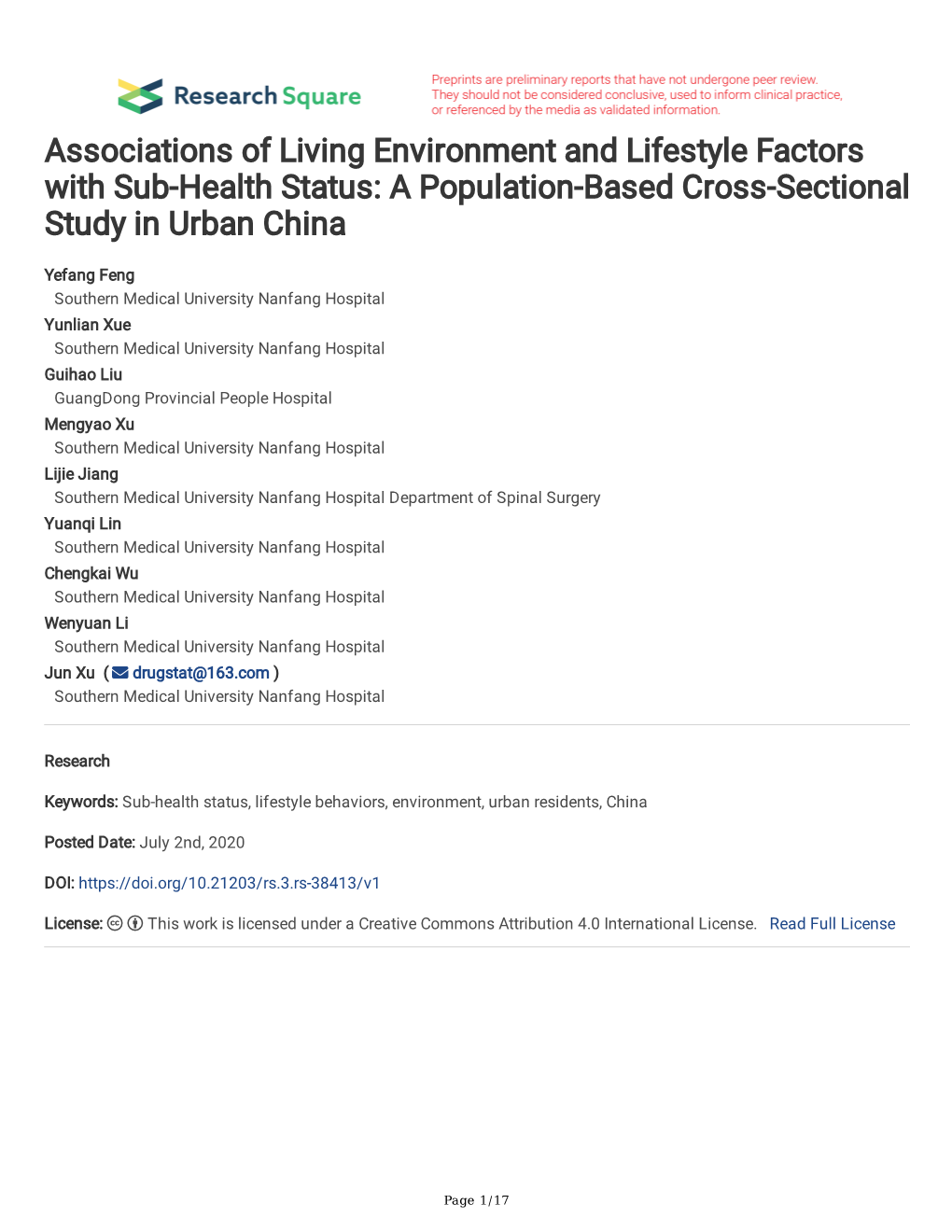 Associations of Living Environment and Lifestyle Factors with Sub-Health Status: a Population-Based Cross-Sectional Study in Urban China