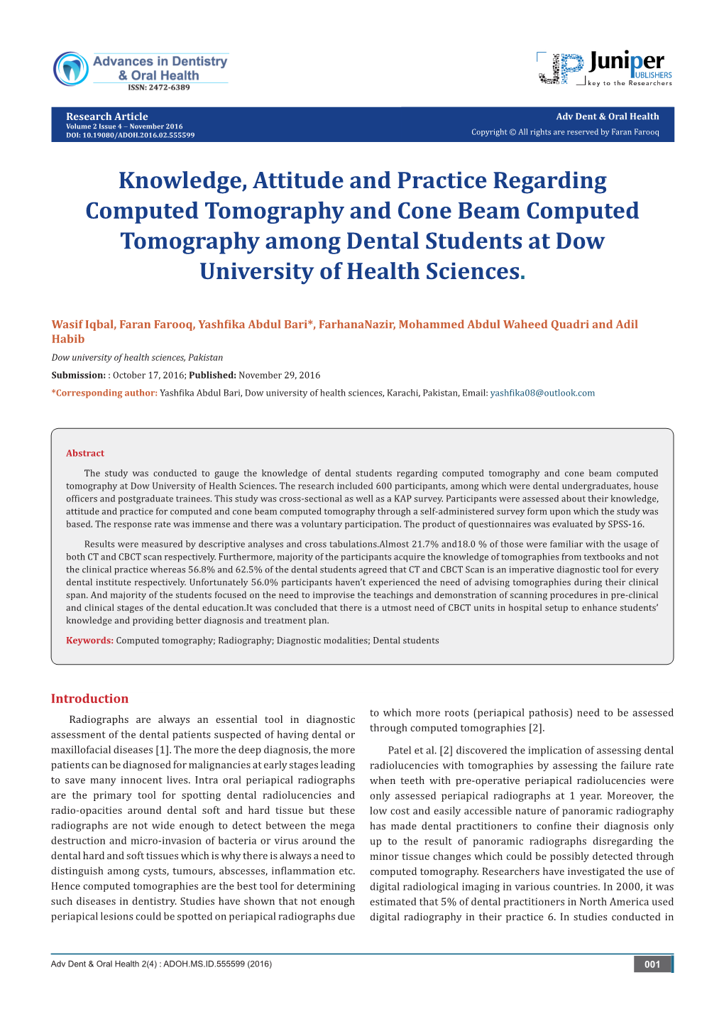 Knowledge, Attitude and Practice Regarding Computed Tomography and Cone Beam Computed Tomography Among Dental Students at Dow University of Health Sciences