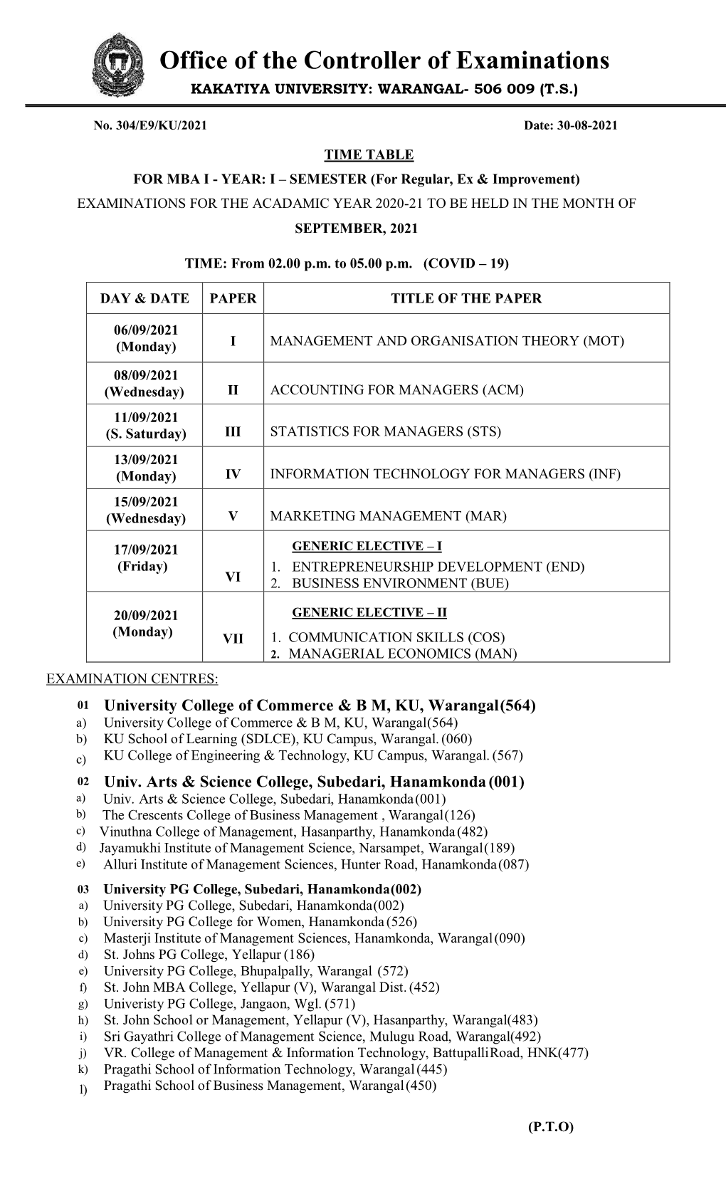 Office of the Controller of Examinations KAKATIYA UNIVERSITY: WARANGAL- 506 009 (T.S.)
