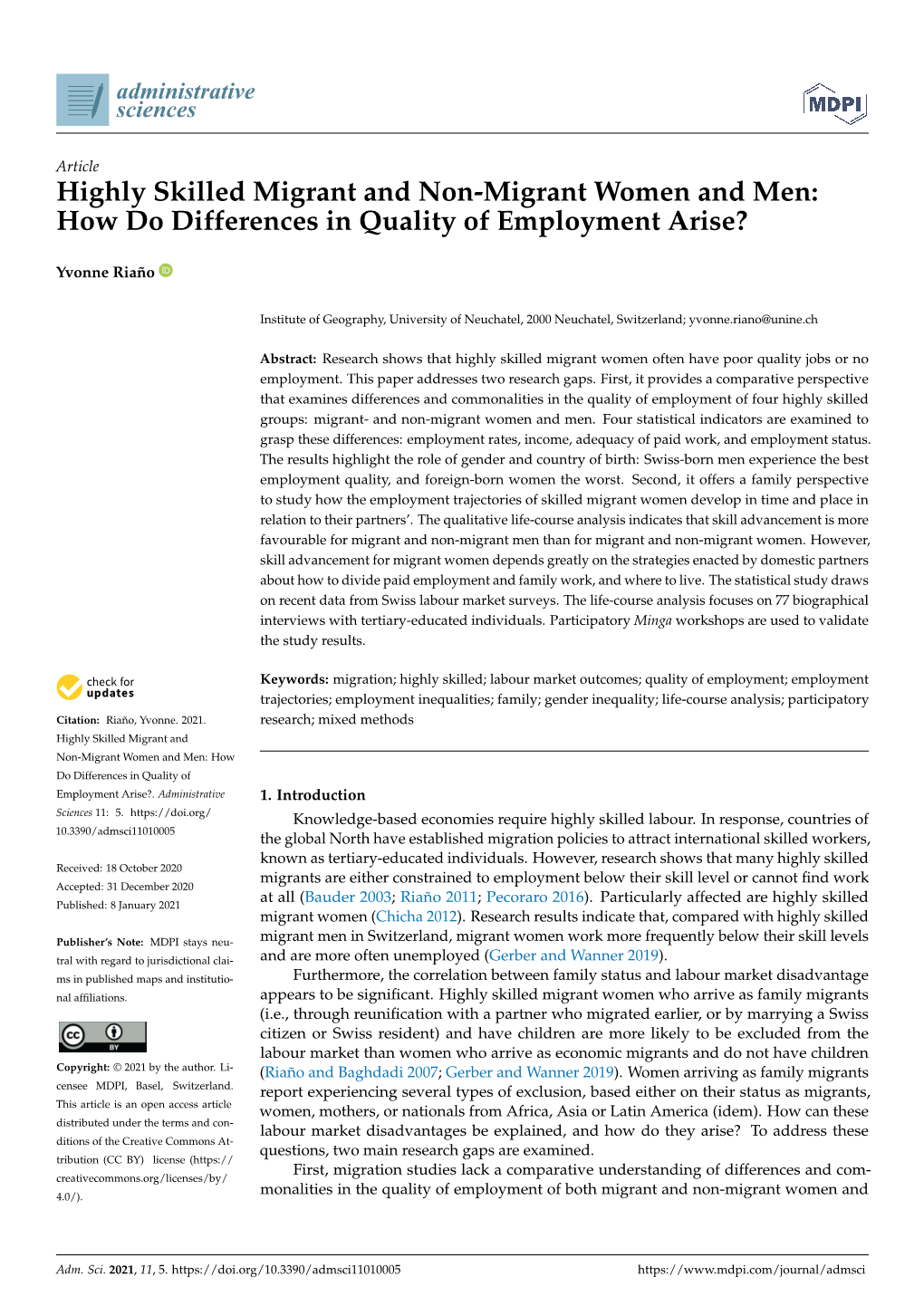 Highly Skilled Migrant and Non-Migrant Women and Men: How Do Differences in Quality of Employment Arise?