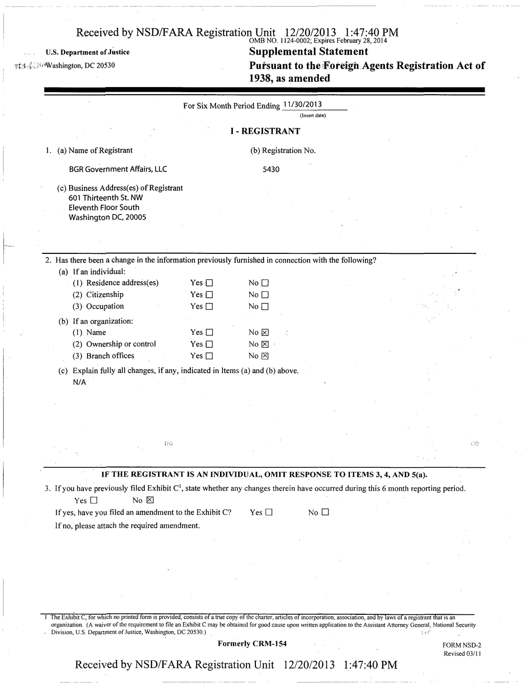 Received by NSD/FARA Registration Unit 12/20/2013 1:47:40 PM OMB NO