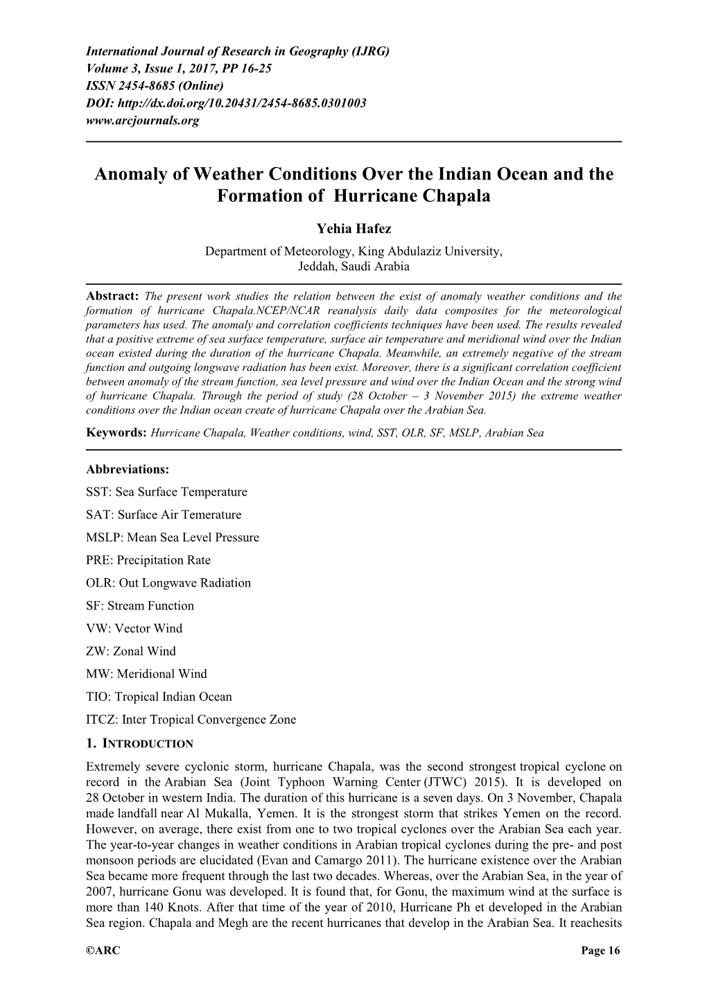 Anomaly of Weather Conditions Over the Indian Ocean and the Formation of Hurricane Chapala