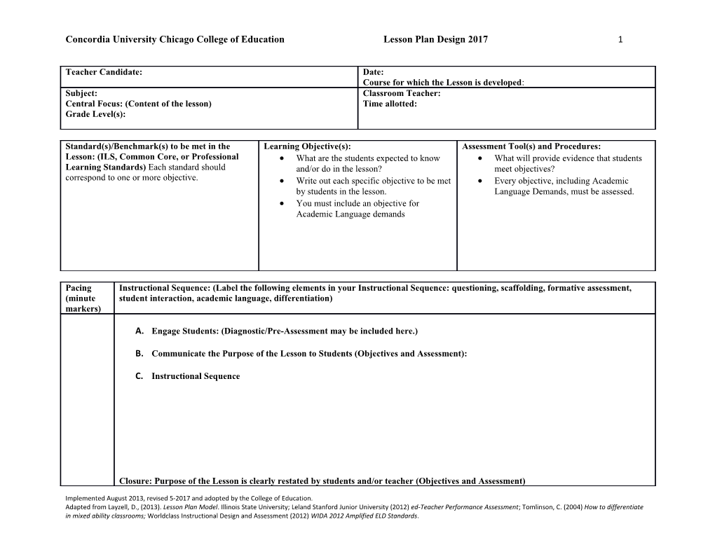 Concordia University Chicago College of Education Lesson Plan Design 2017 2