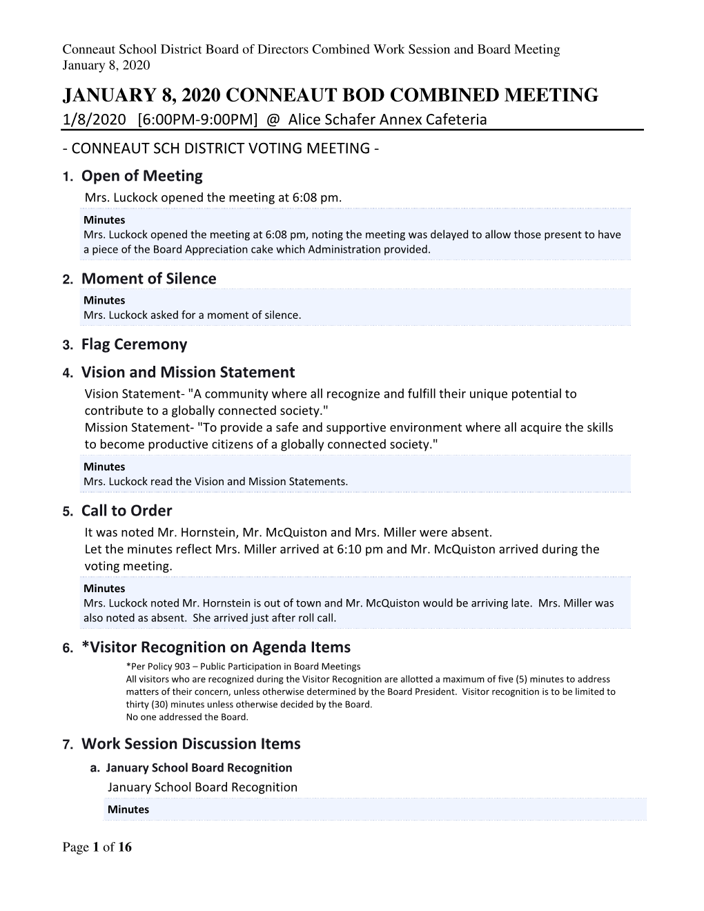 January 8, 2020 Combined Work Session and Board Meeting