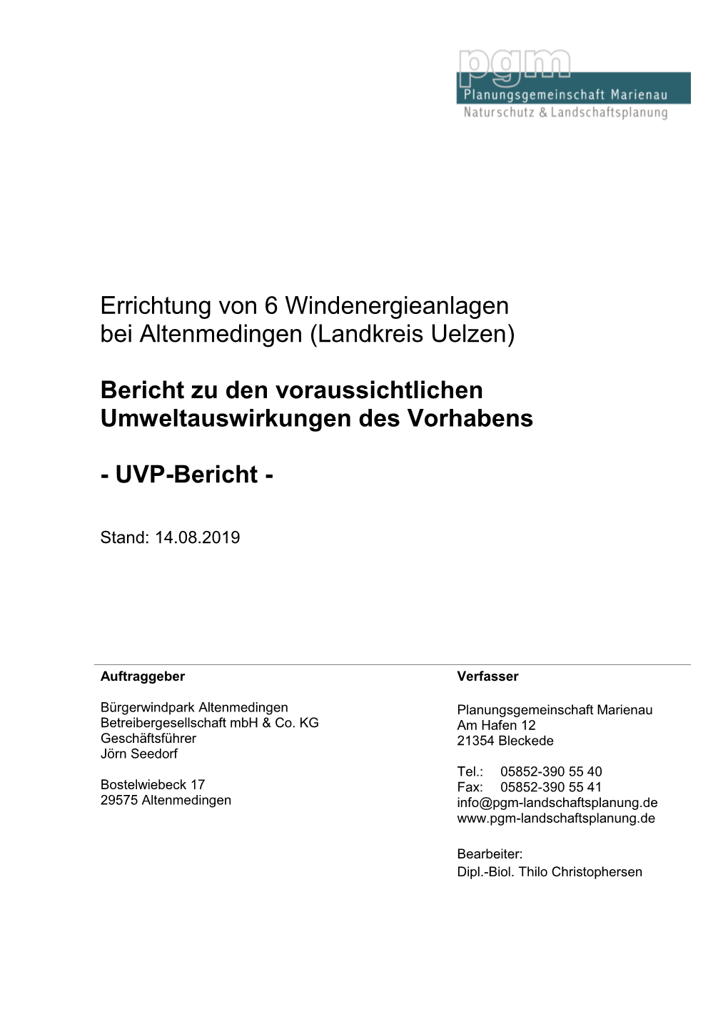 Errichtung Von 6 Windenergieanlagen Bei Altenmedingen (Landkreis Uelzen)