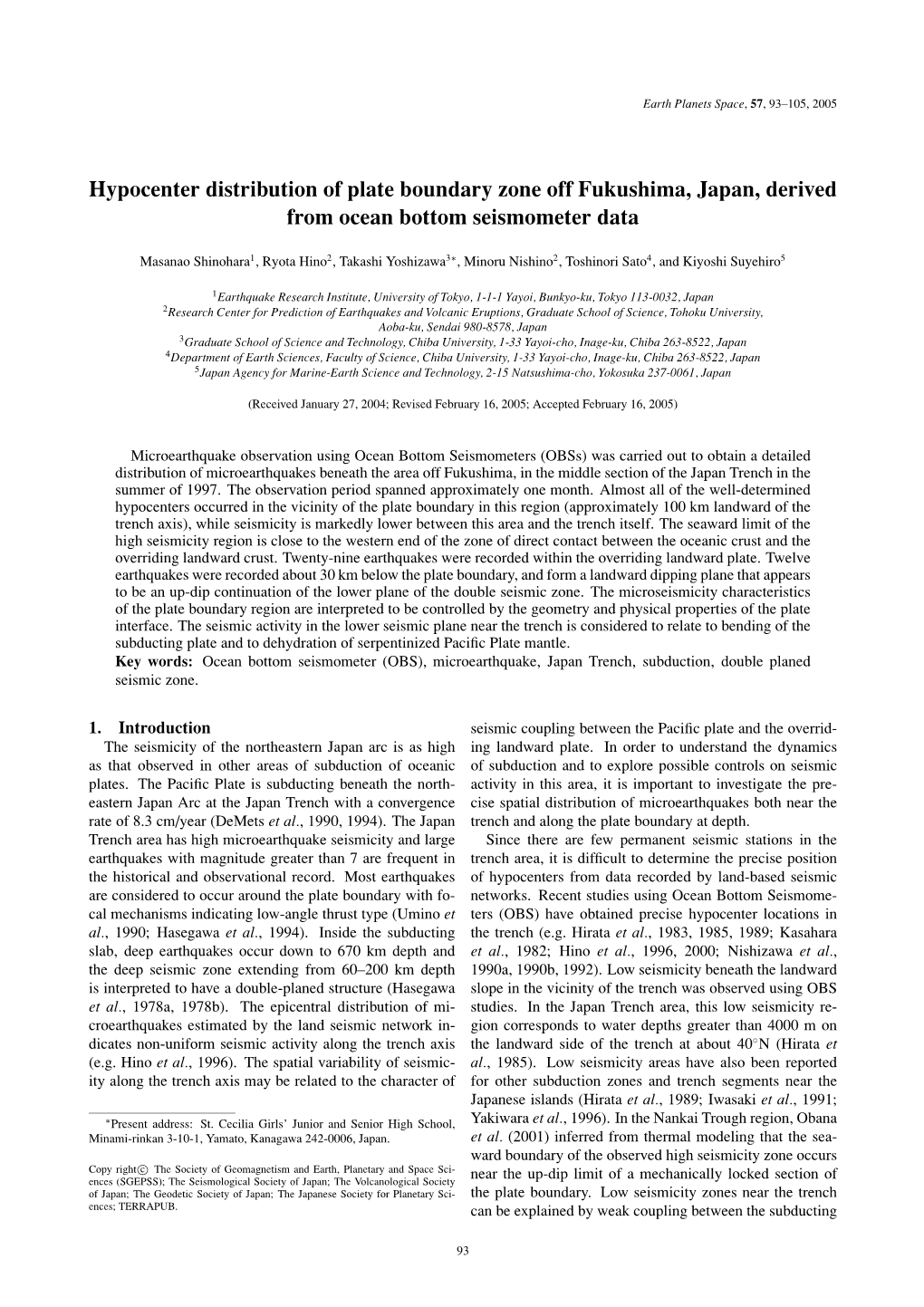 Hypocenter Distribution of Plate Boundary Zone Off Fukushima, Japan, Derived from Ocean Bottom Seismometer Data