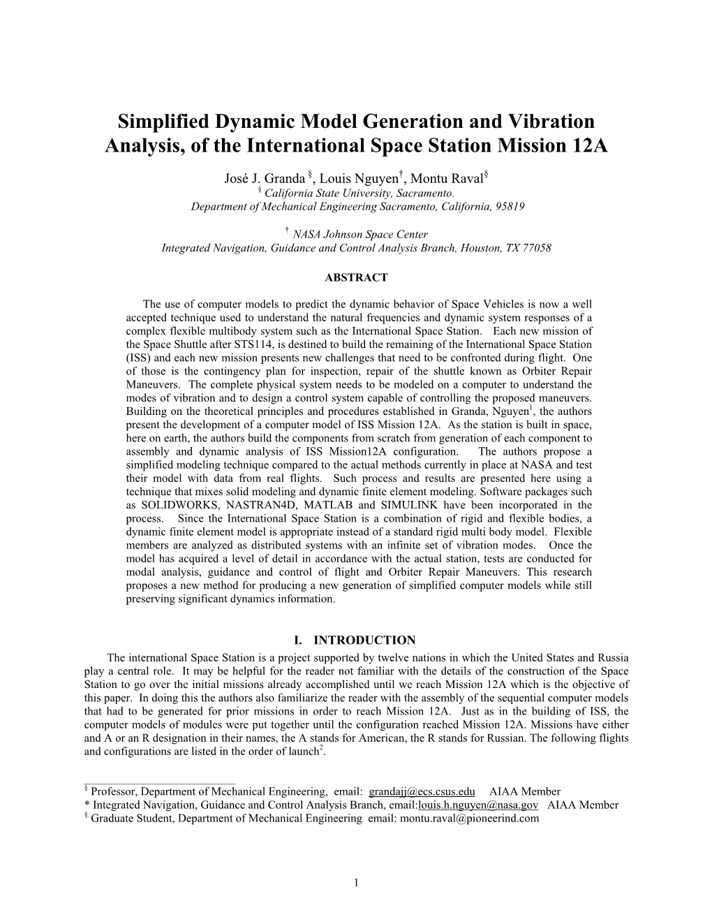 Simplified Dynamic Model Generation and Vibration Analysis, of the International Space Station Mission 12A