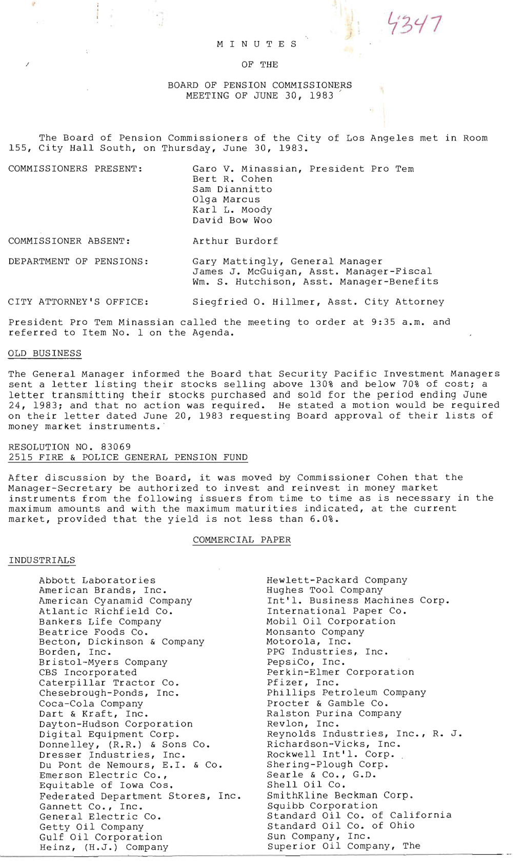 The Board of Pension Commissioners of the City of Los Angeles Met in Room ISS, City Hall South, on Thursday, June 30, 1983