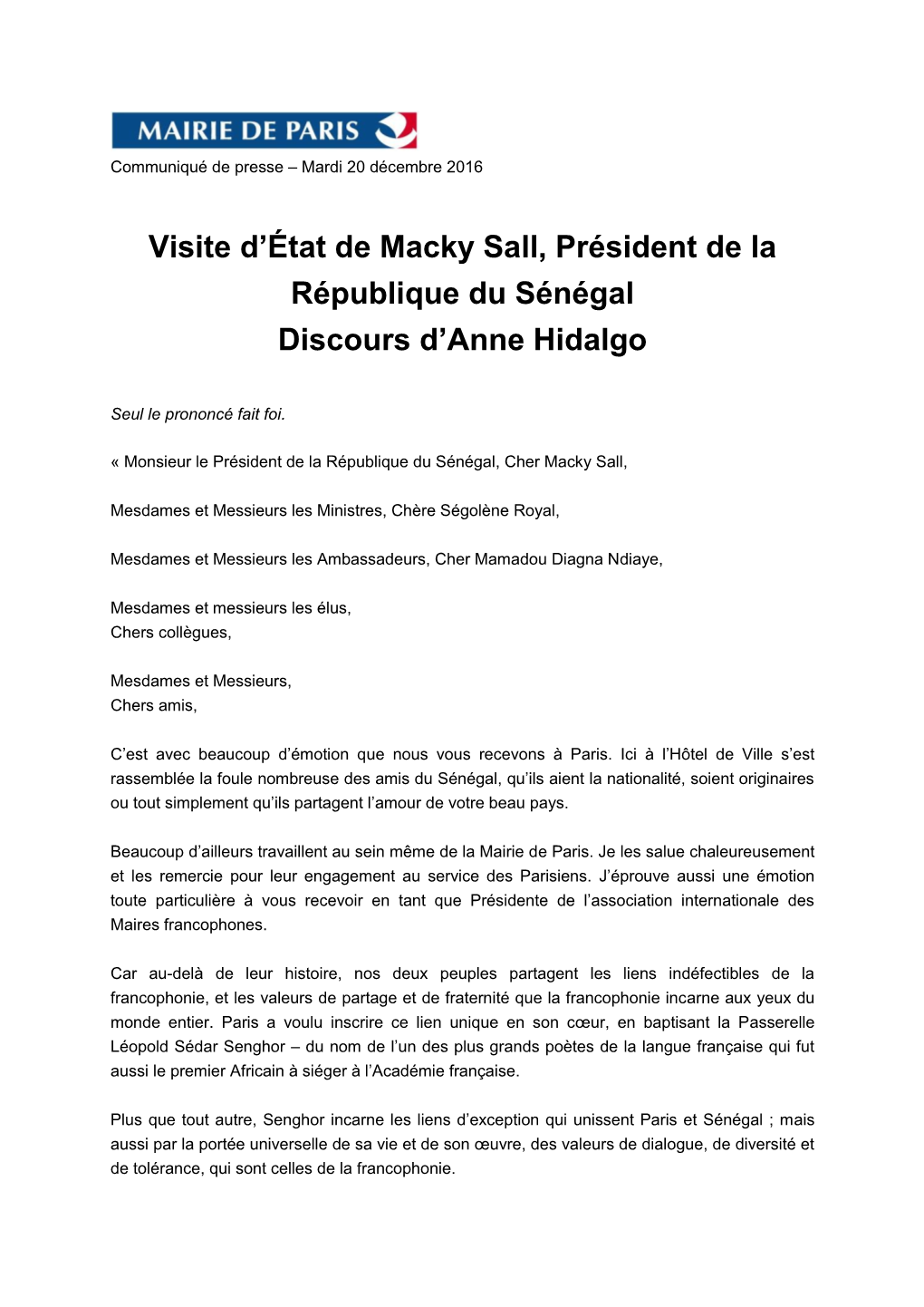 Visite D'état De Macky Sall, Président De La République