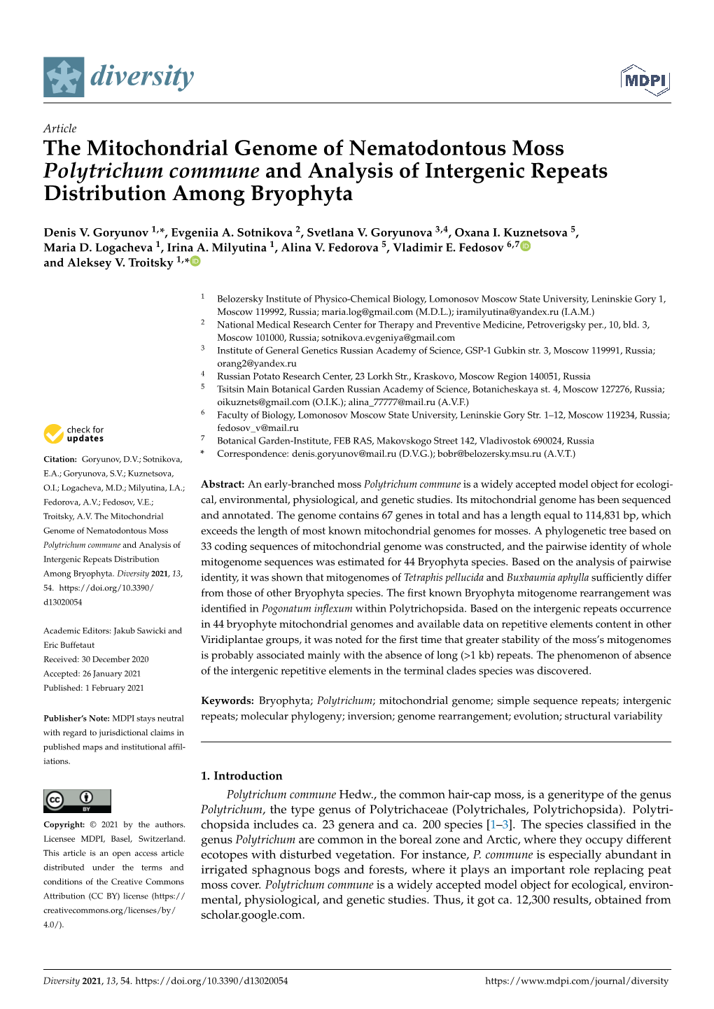 The Mitochondrial Genome of Nematodontous Moss Polytrichum Commune and Analysis of Intergenic Repeats Distribution Among Bryophyta