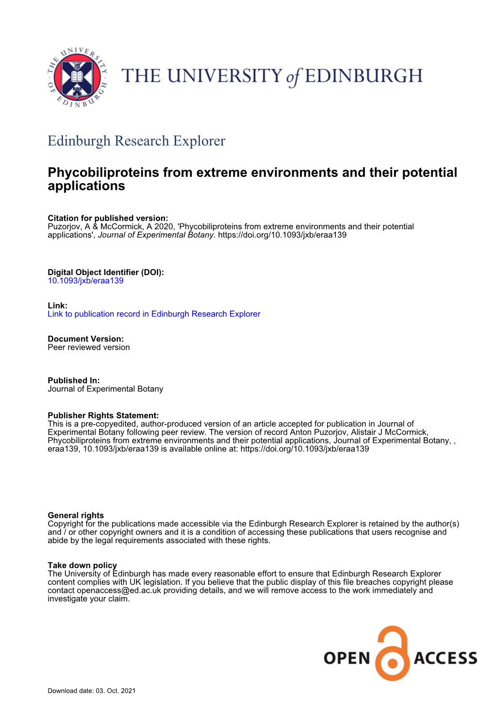 Phycobiliproteins from Extreme Environments and Their Potential Applications