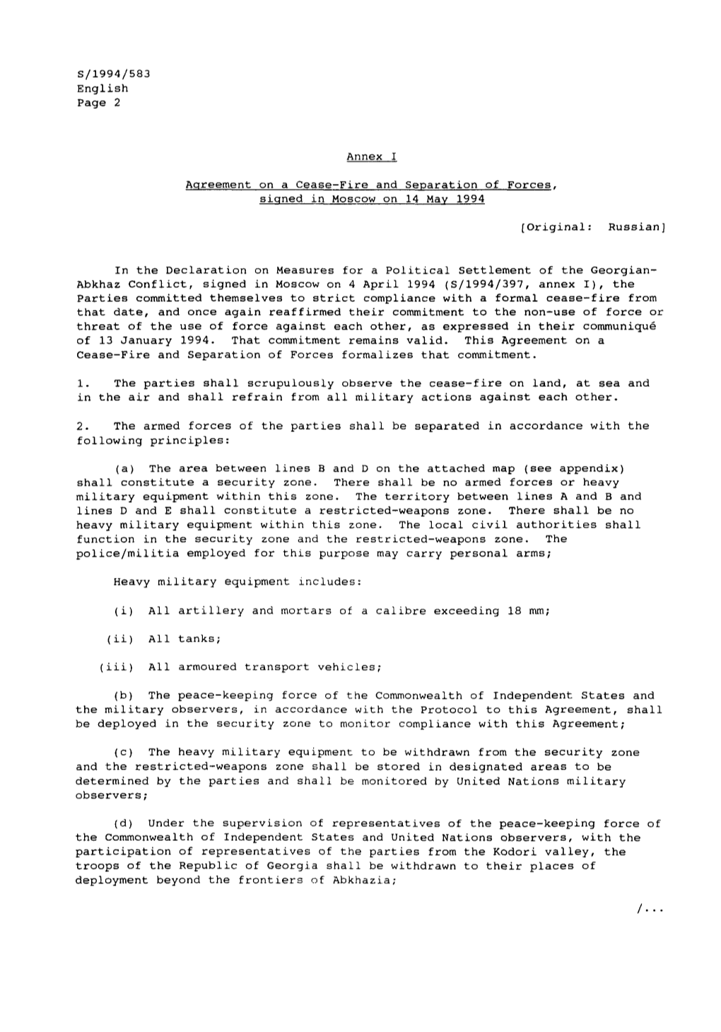 Agreement on a Cease-Fire and Separation of Forces, Signed in Moscow on 14 May 1994