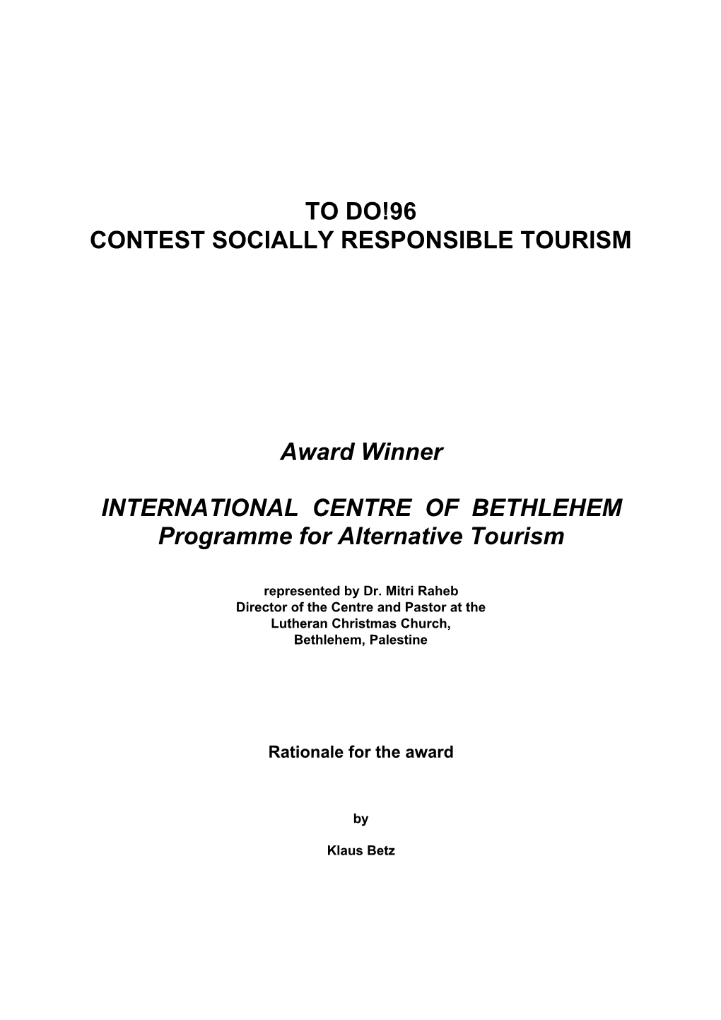 TO DO!96 CONTEST SOCIALLY RESPONSIBLE TOURISM Award