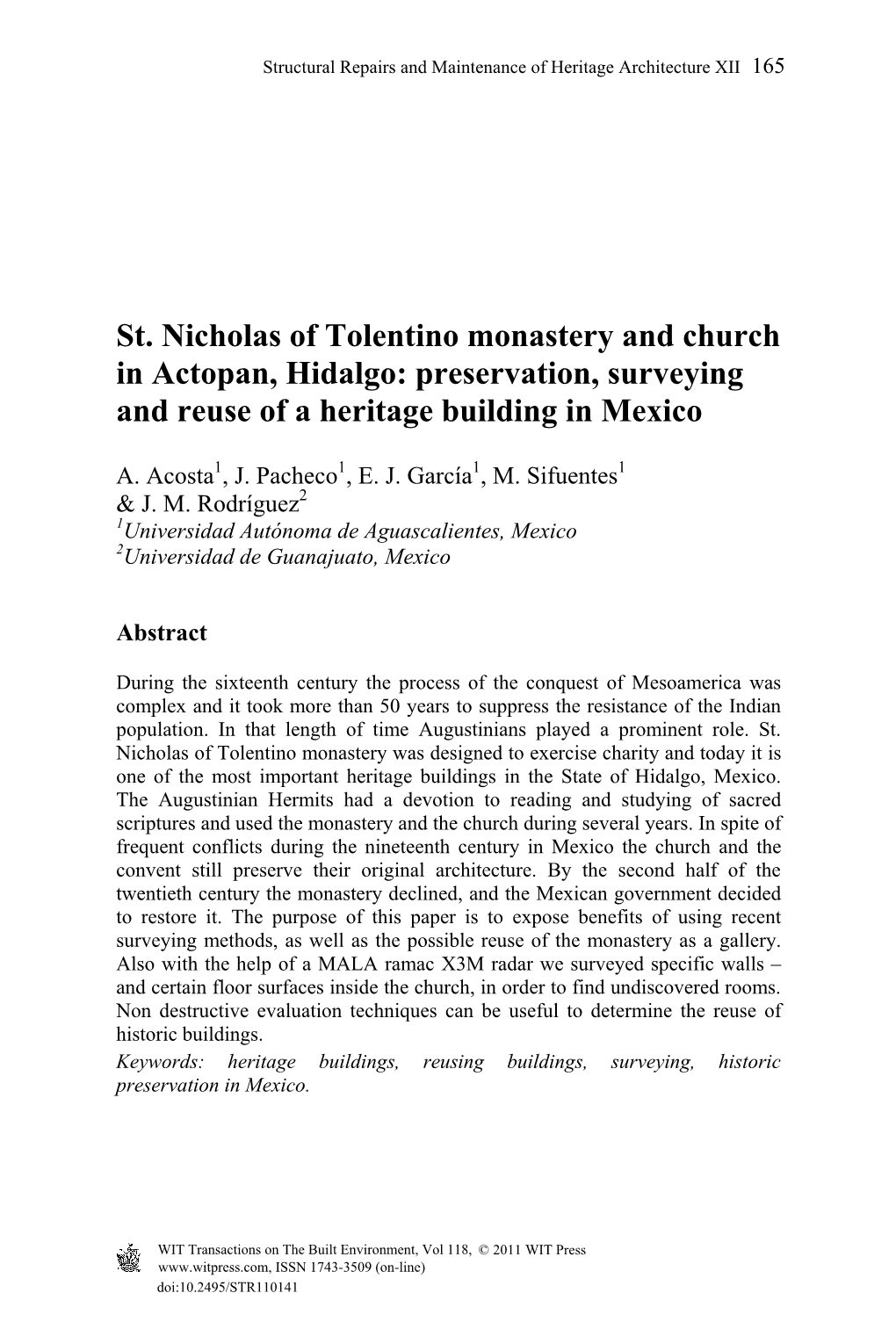 St. Nicholas of Tolentino Monastery and Church in Actopan, Hidalgo: Preservation, Surveying and Reuse of a Heritage Building in Mexico