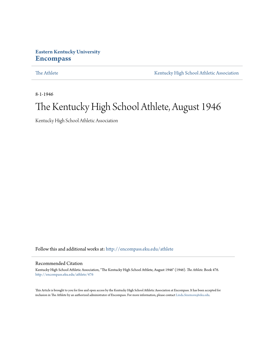 The Kentucky High School Athlete, August 1946 Kentucky High School Athletic Association