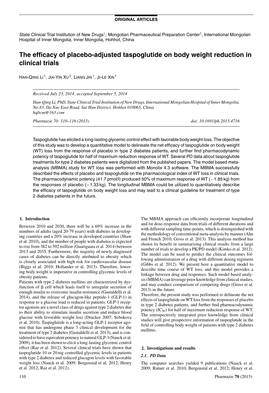 The Efficacy of Placebo-Adjusted Taspoglutide on Body Weight