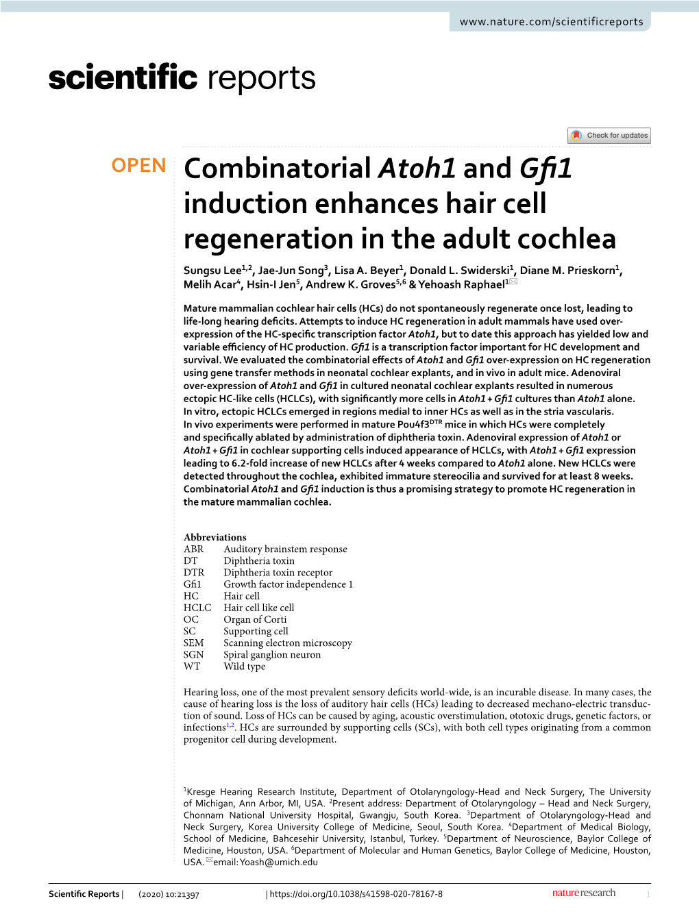 Combinatorial Atoh1 and Gfi1 Induction Enhances Hair Cell Regeneration in the Adult Cochlea
