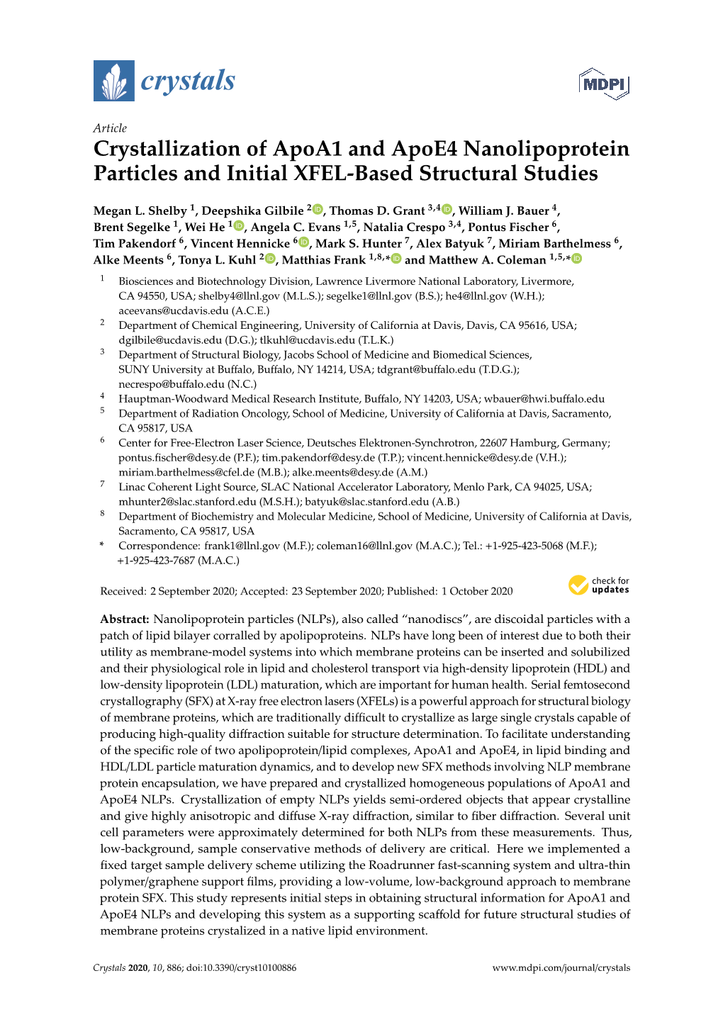 Crystallization of Apoa1 and Apoe4 Nanolipoprotein Particles and Initial XFEL-Based Structural Studies