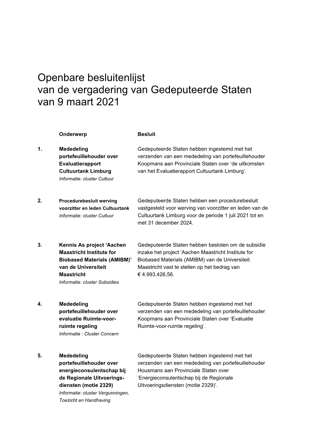 Openbare Besluitenlijst Van De Vergadering Van GS Van 9 Maart 2021