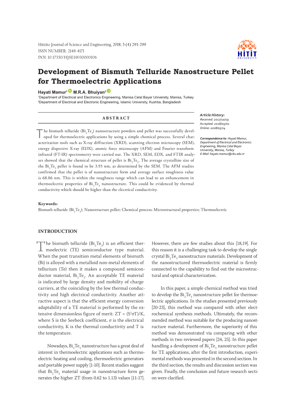 Development of Bismuth Telluride Nanostructure Pellet for Thermoelectric Applications