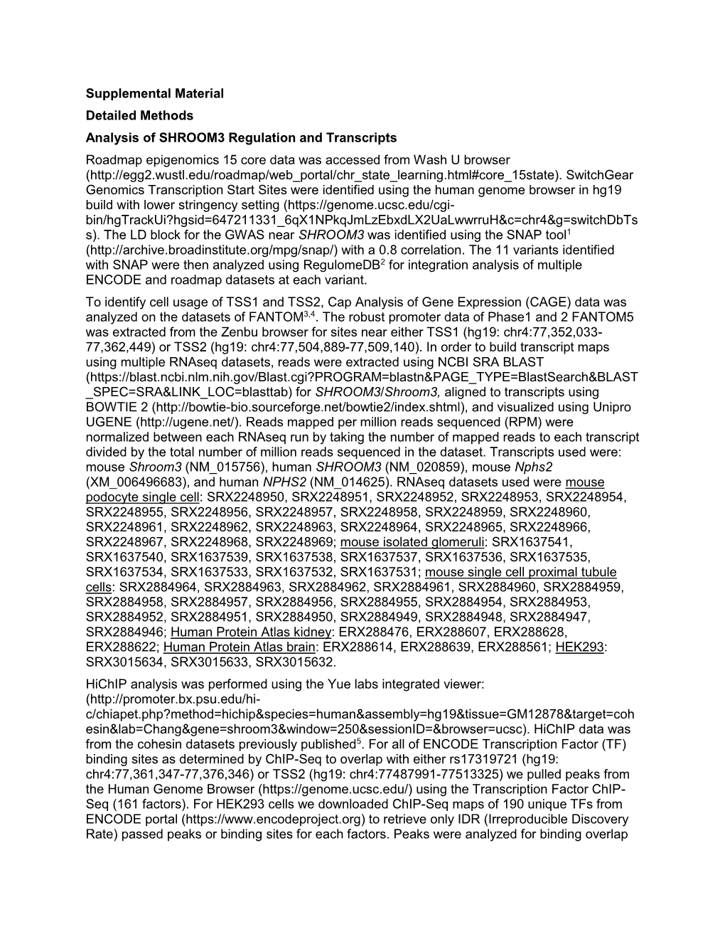 Supplemental Material Detailed Methods Analysis of SHROOM3 Regulation and Transcripts Roadmap Epigenomics 15 Core Data Was Acces