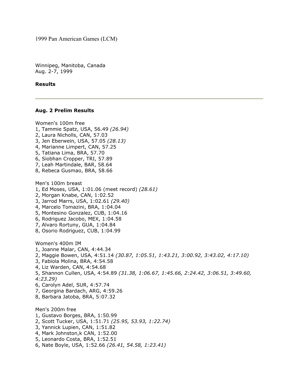 1999 Pan American Games Results