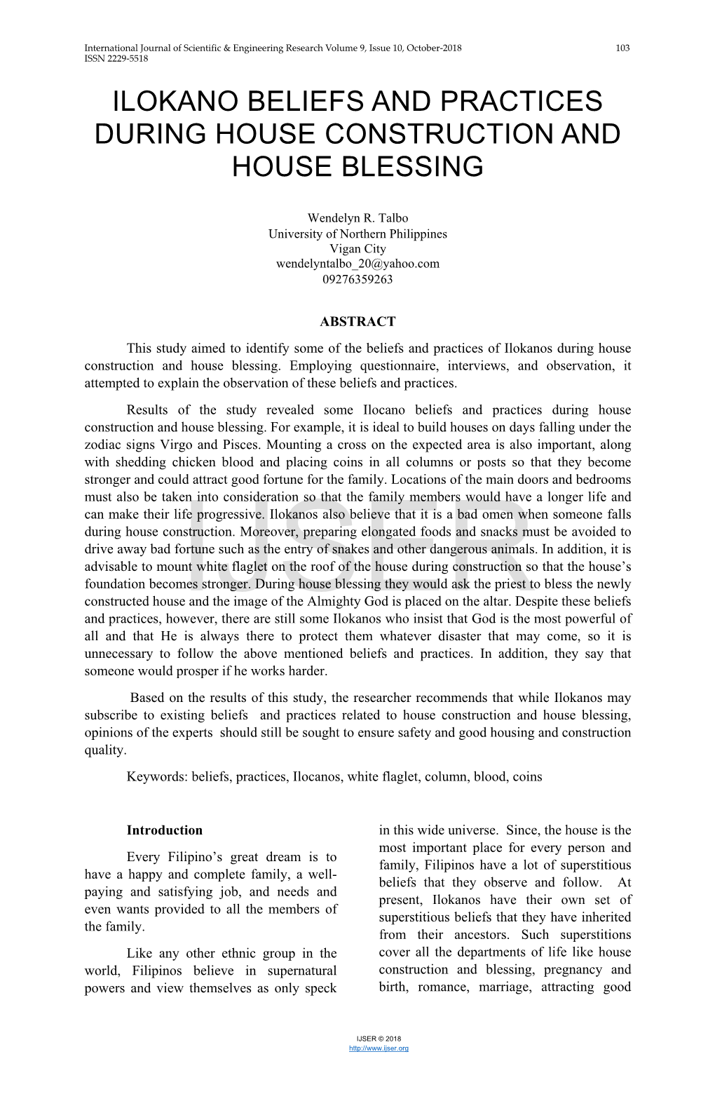 Ilokano Beliefs and Practices During House Construction and House Blessing