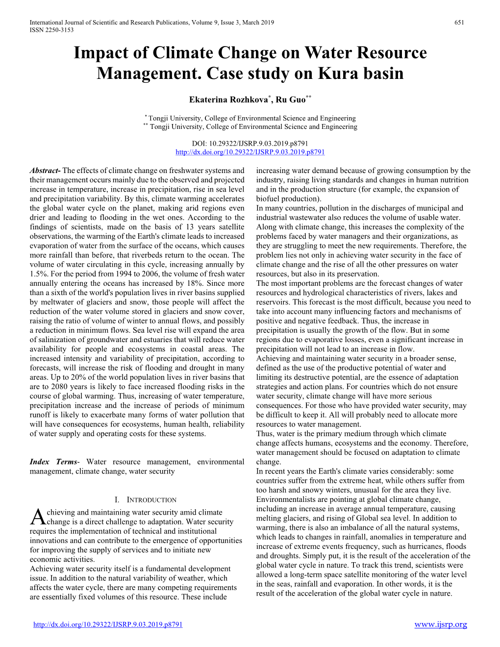 Impact of Climate Change on Water Resource Management. Case Study on Kura Basin