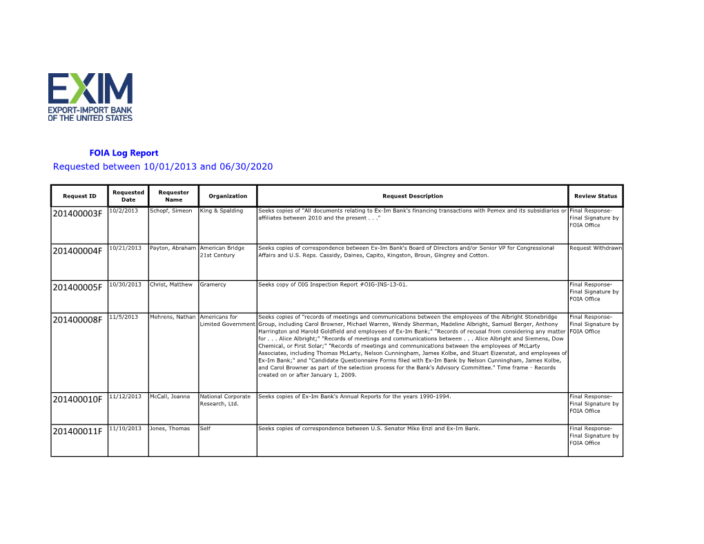 EXIM FOIA Log Report