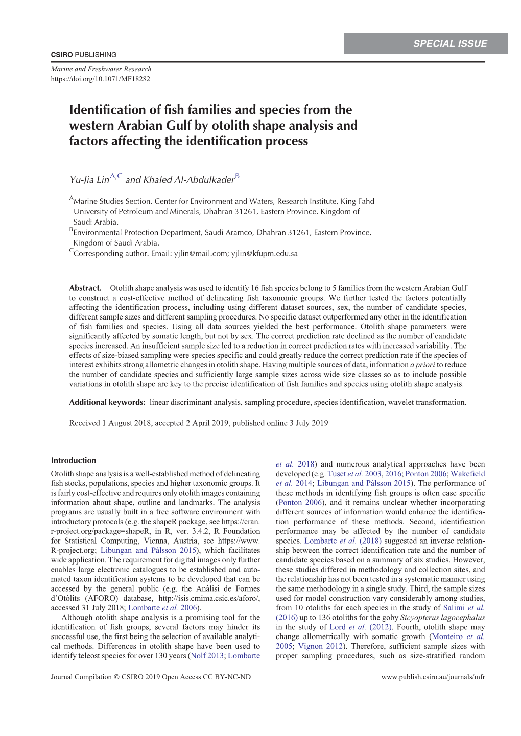 Identification of Fish Families and Species from the Western Arabian Gulf by Otolith Shape Analysis and Factors Affecting the Identification Process