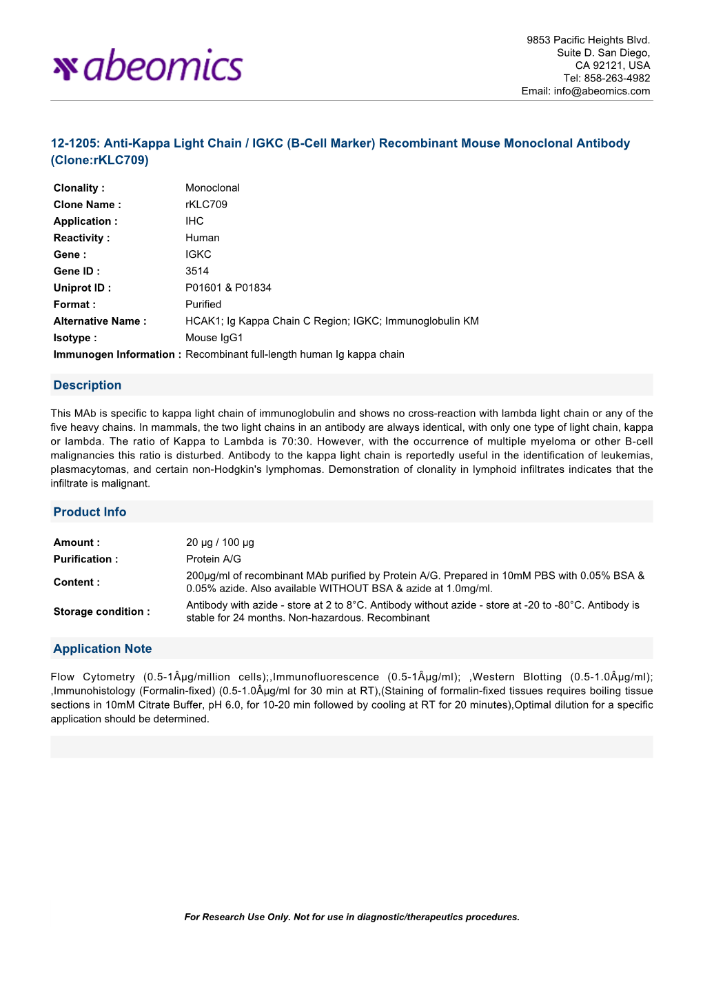 Anti-Kappa Light Chain / IGKC (B-Cell Marker) Recombinant Mouse Monoclonal Antibody (Clone:Rklc709)