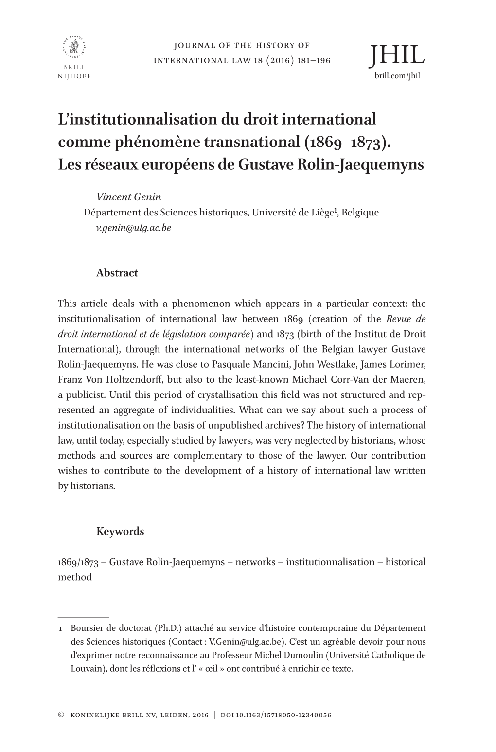 L'institutionnalisation Du Droit International Comme Phénomène