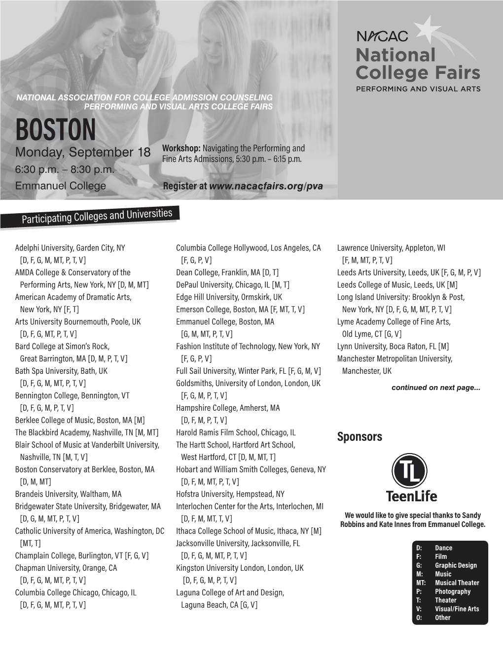 BOSTON Monday, September 18 Workshop: Navigating the Performing and Fine Arts Admissions, 5:30 P.M