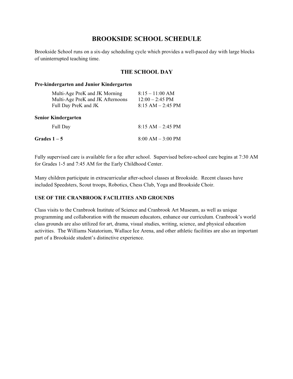 Brookside School Schedule