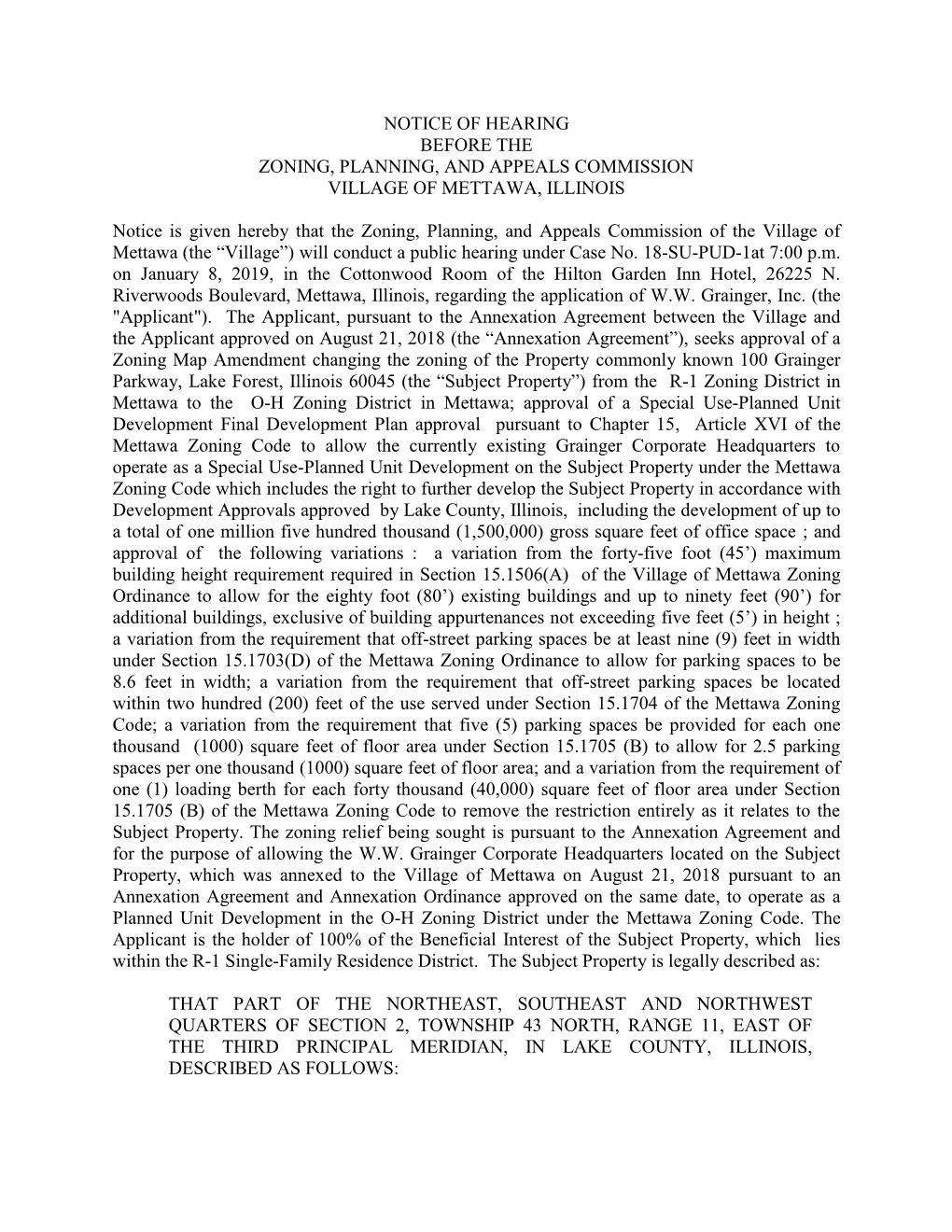 Notice of Hearing Before the Zoning, Planning, and Appeals Commission Village of Mettawa, Illinois